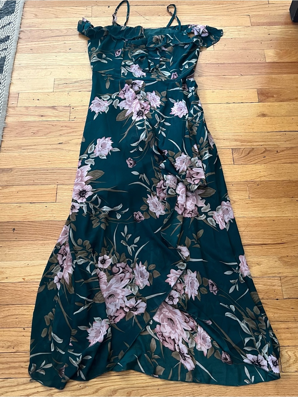 NWT JJs House green floral hi low ruffle accent dress size small